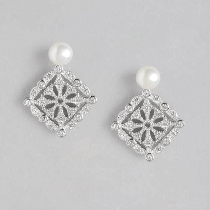 Pearl Square Radiance Rhodium-Plated 925 Sterling Silver Earrings