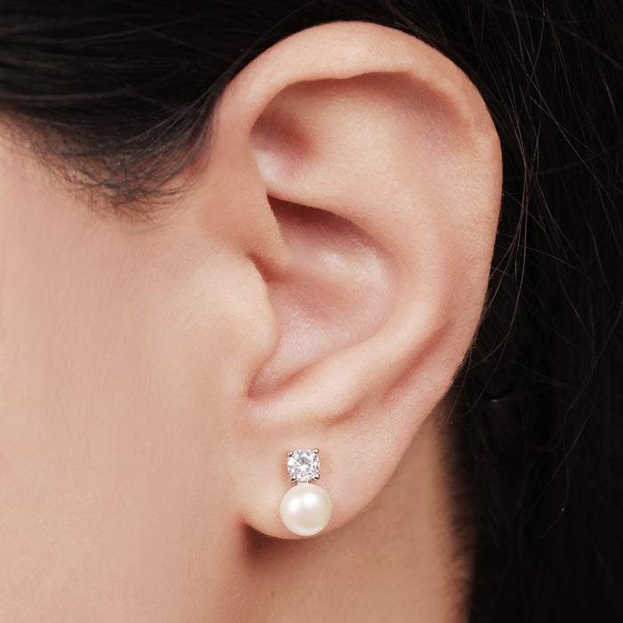 Pearlescent Radiance Rhodium-Plated 925 Sterling Silver Earrings with CZ