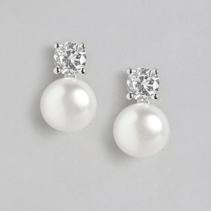 Pearlescent Radiance Rhodium-Plated 925 Sterling Silver Earrings with CZ