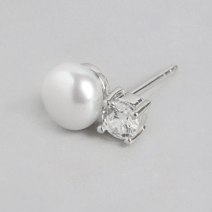 Pearlescent Radiance Rhodium-Plated 925 Sterling Silver Earrings with CZ