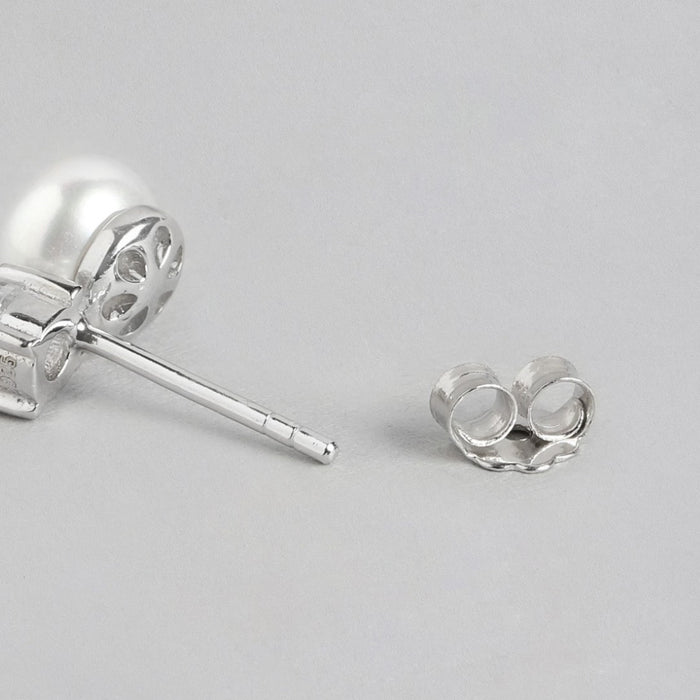 Pearlescent Radiance Rhodium-Plated 925 Sterling Silver Earrings with CZ