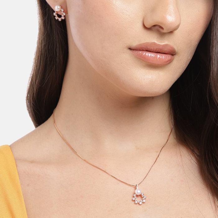 Pearls of Adoration Rose Gold CZ & Pearl 925 Sterling Silver Jewelry Set