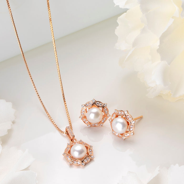 Pearly Glow Rose Gold-Plated CZ & Pearl 925 Sterling Silver Set