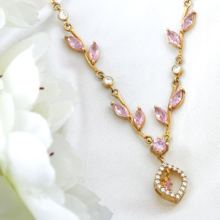 Gold plated 925 Sterling Silver necklace for women with pink blossom stones and drop pendant – Zavya