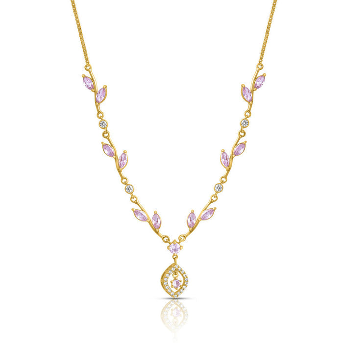 Gold plated 925 Sterling Silver necklace for women with pink blossom stones and drop pendant – Zavya