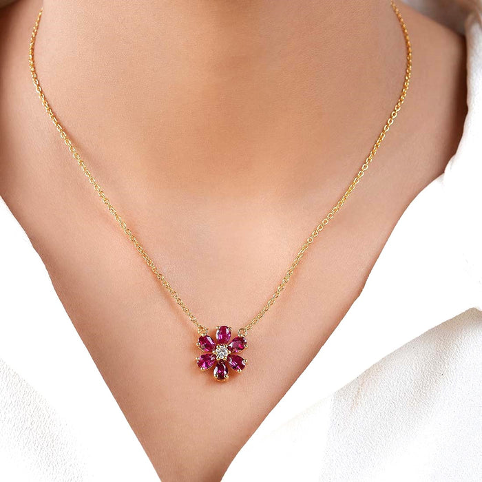 Pink Floral Gold Plated 925 Sterling Silver Necklace