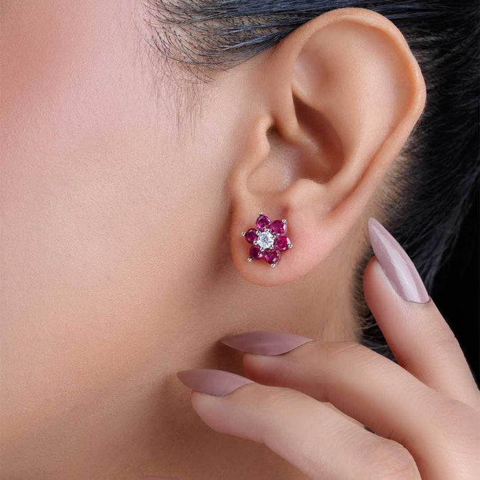 Pink Floral Rhodium Plated 925 Sterling Silver Earrings