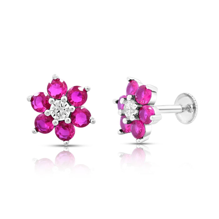 Pink Floral Rhodium Plated 925 Sterling Silver Earrings