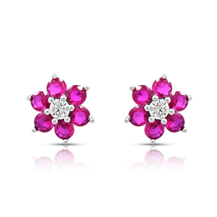 Pink Floral Rhodium Plated 925 Sterling Silver Earrings