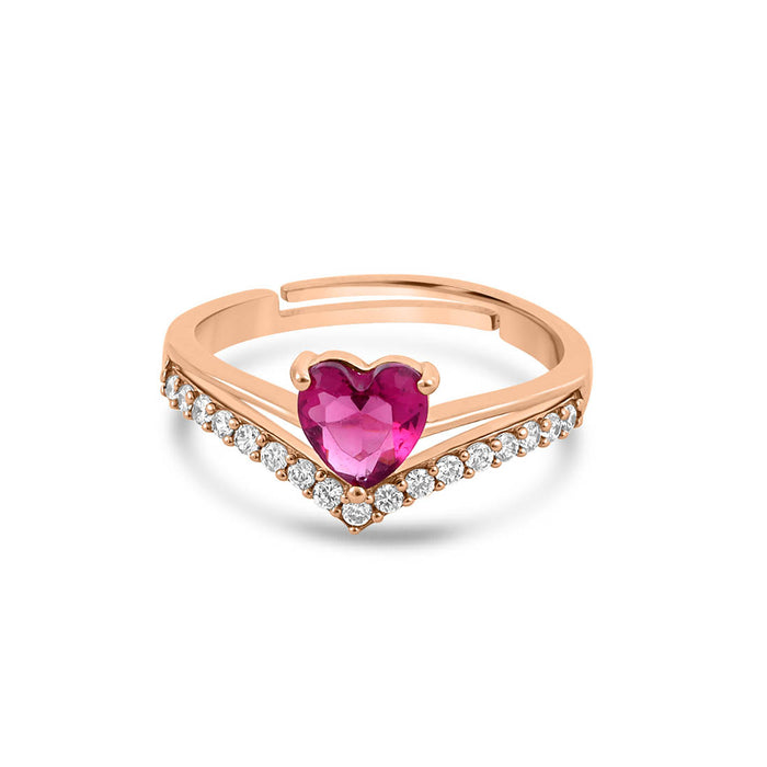 Adjustable rose gold plated 925 Sterling Silver ring with a pink heart and clear crystal V-band – Zavya