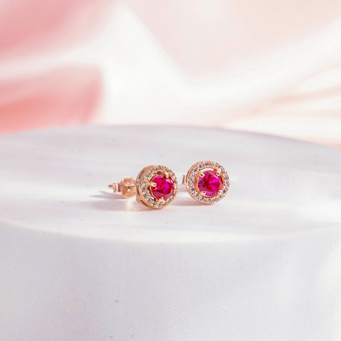 Pink Solitaire Halo Rose Gold Plated 925 Sterling Silver Stud Earrings