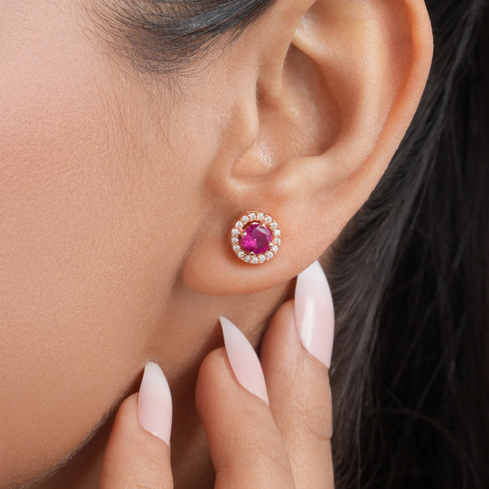 Pink Solitaire Halo Rose Gold Plated 925 Sterling Silver Stud Earrings