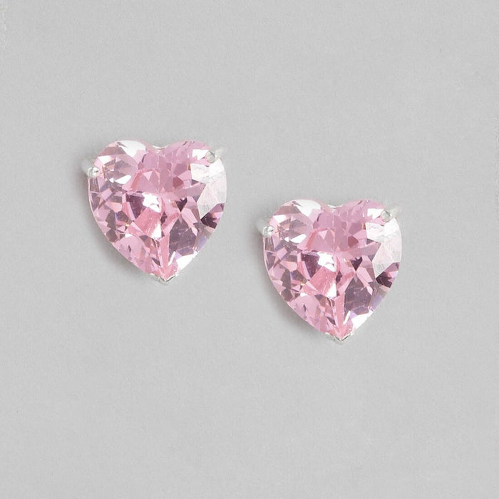Pink Solitaire Rhodium Plated 925 Silver Stud Earrings