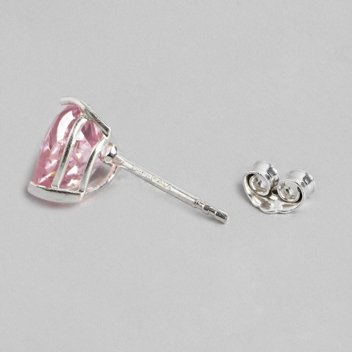 Pink Solitaire Rhodium Plated 925 Silver Stud Earrings