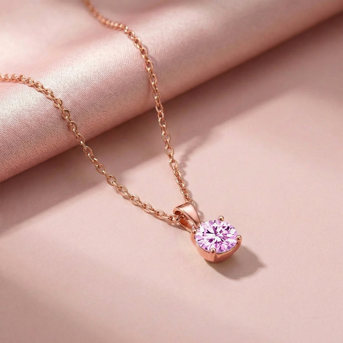 Pink Solitaire Rose Gold Plated 925 Silver Pendant with Chain
