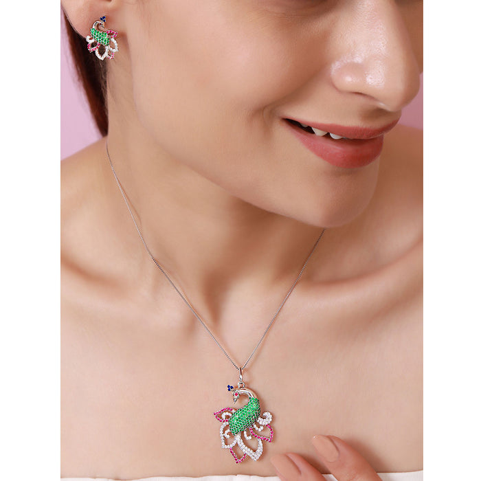 Woman wearing a 925 Sterling Silver peacock necklace and earrings set. Elegant jewelry for women. – Zavya