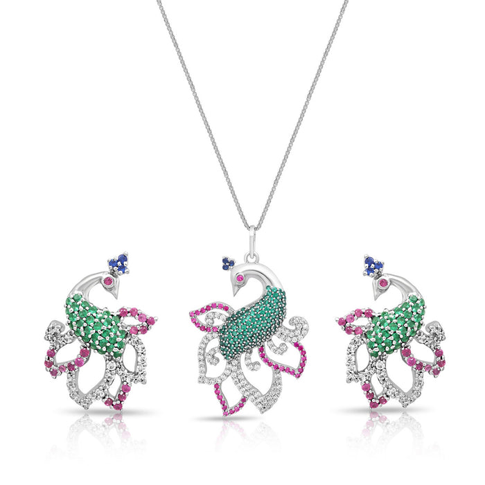 925 Sterling Silver peacock necklace and earrings set for women with green and pink stones – Zavya