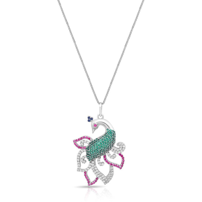 Women's 925 Sterling Silver peacock pendant necklace studded with green and pink stones – Zavya