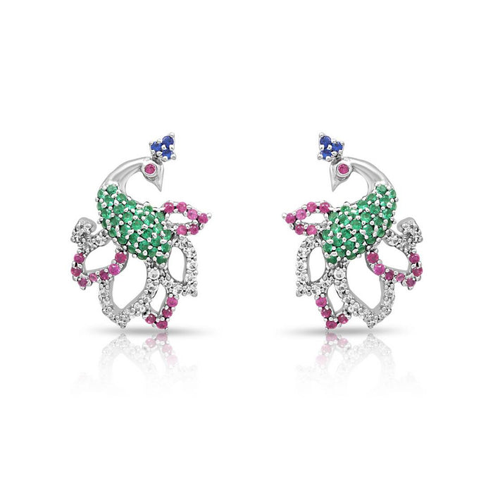 925 Sterling Silver peacock stud earrings for women with green and pink stones – Zavya