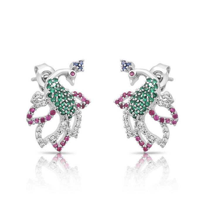 925 Sterling Silver peacock stud earrings for women with green and pink stones – Zavya
