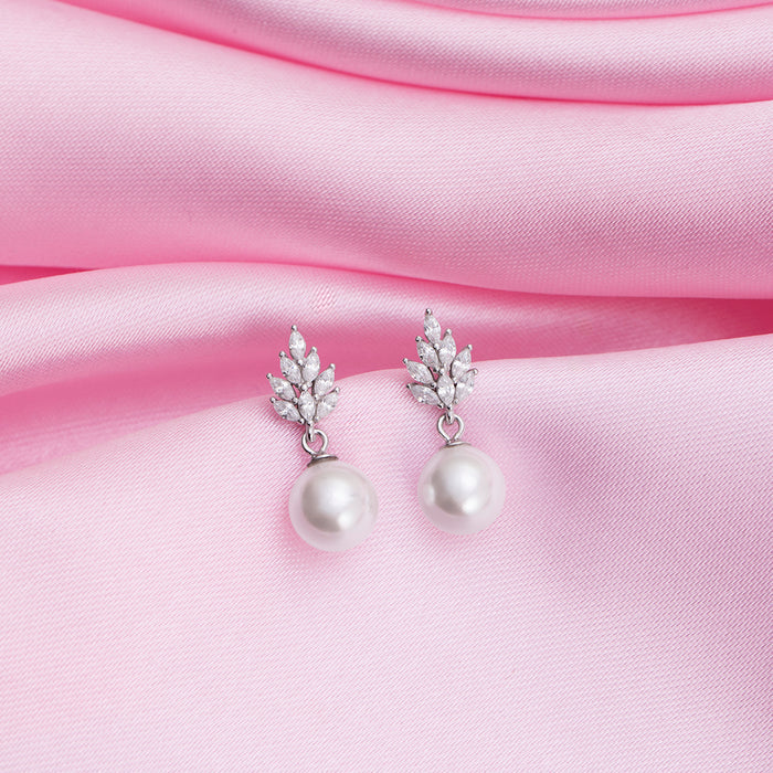Pristine Pearl Drop CZ Rhodium Plated 925 Silver Drop Earrings