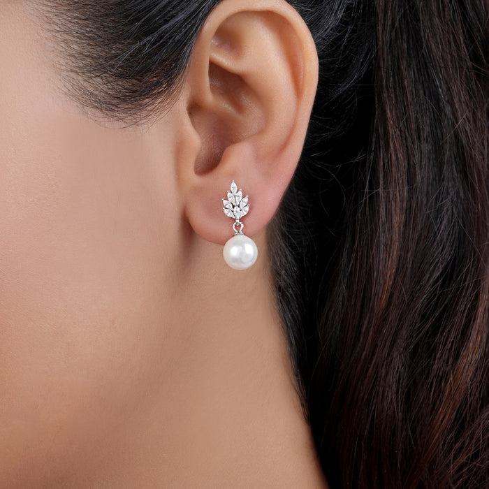 Pristine Pearl Drop CZ Rhodium Plated 925 Silver Drop Earrings