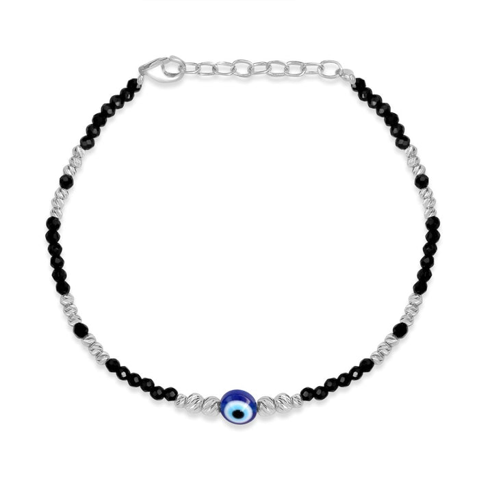 Women's 925 Sterling Silver evil eye bracelet with black beads and protective blue charm. – Zavya