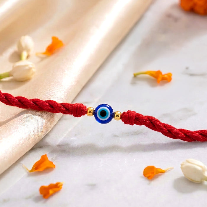 Protective Evil Eye Gold Plated Beaded Silver Rakhi (Zavya Signature)