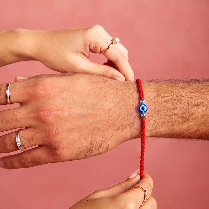 Protective Evil Eye Rhodium Plated Silver Beaded Thread Rakhi (Zavya Signature)