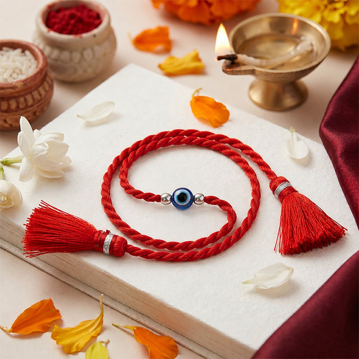 Protective Evil Eye Rhodium Plated Silver Beaded Thread Rakhi (Zavya Signature)