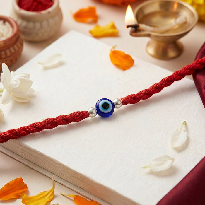 Protective Evil Eye Rhodium Plated Silver Beaded Thread Rakhi (Zavya Signature)