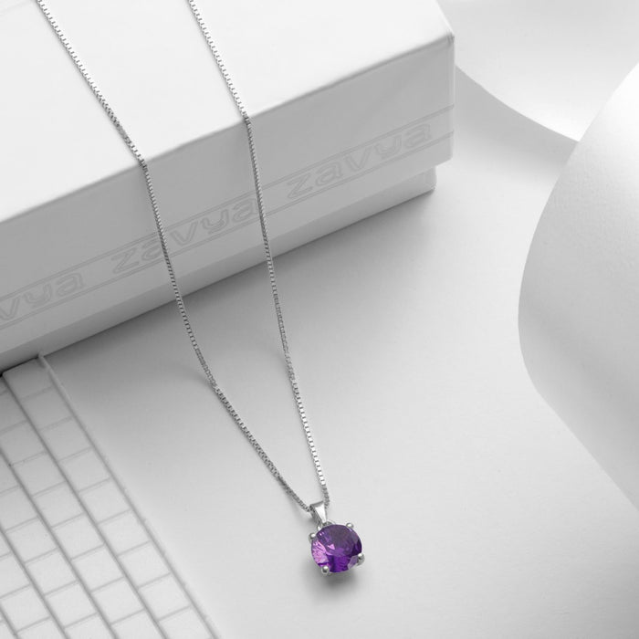 Purple Solitaire Box Chained 925 Sterling Silver Pendant with Chain