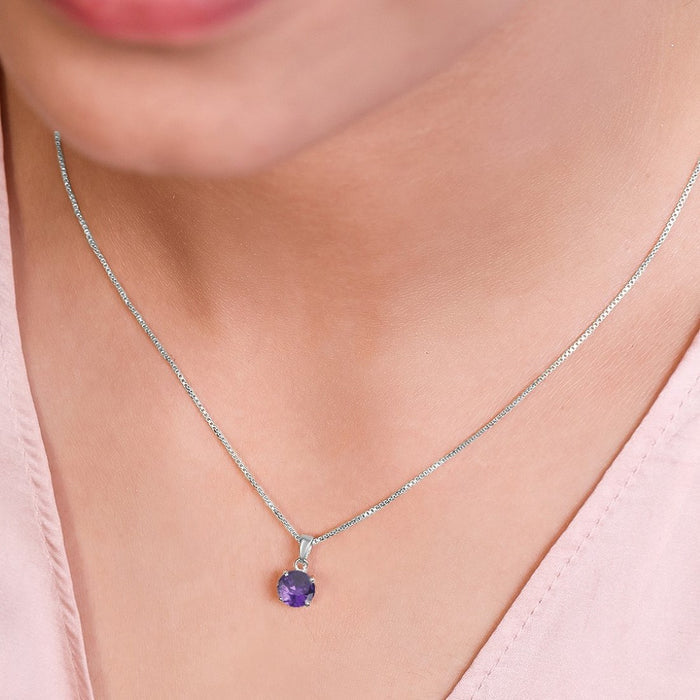 Purple Solitaire Box Chained 925 Sterling Silver Pendant with Chain
