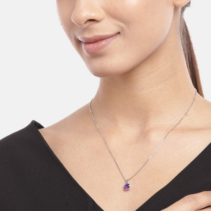 Purple Solitaire Box Chained 925 Sterling Silver Pendant with Chain