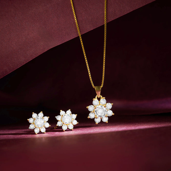 Radiant Bloom Gold Plated CZ Pendant & Stud Earrings Jewellery Set
