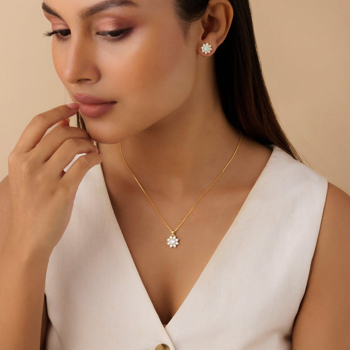 Radiant Bloom Gold Plated CZ Pendant & Stud Earrings Jewellery Set