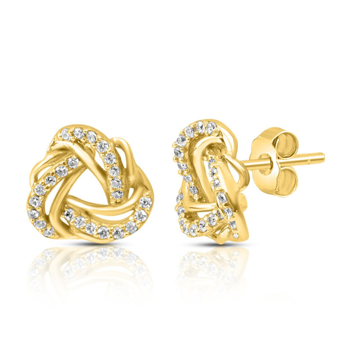Gold plated 925 Sterling Silver stud earrings for women featuring a sparkling twisted knot design – Zavya