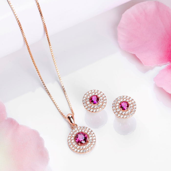 Radiant Crimson Circles Rose Gold-Plated Red CZ 925 Sterling Silver Jewelry Set
