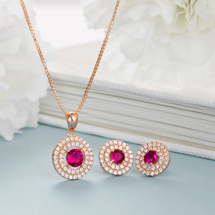 Radiant Crimson Circles Rose Gold-Plated Red CZ 925 Sterling Silver Jewelry Set