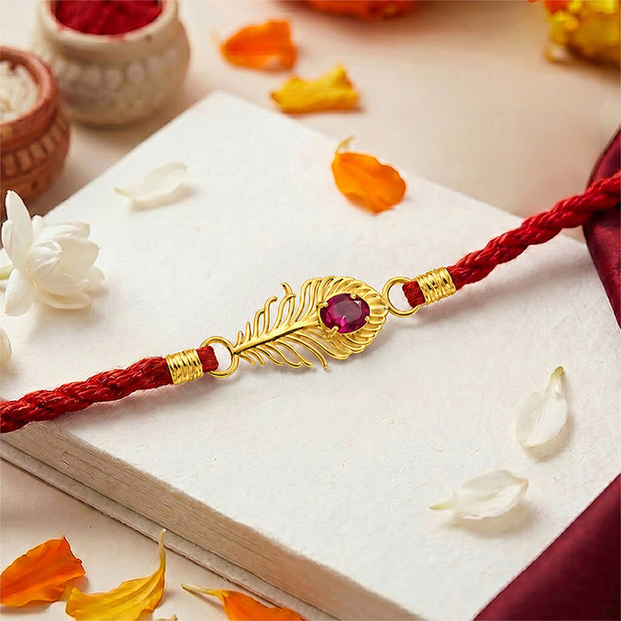Radiant Feather Pink Stone CZ Gold Plated Silver Rakhi (Zavya Signature)