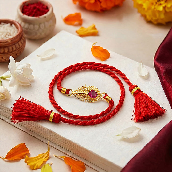 Radiant Feather Pink Stone CZ Gold Plated Silver Rakhi (Zavya Signature)