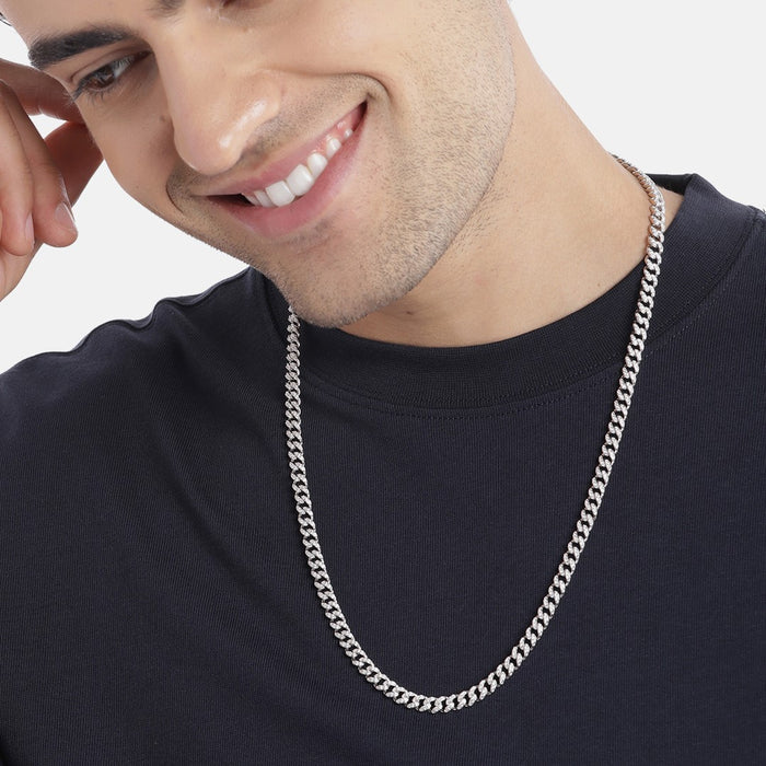 Smiling man wearing a CZ 925 Sterling Silver chain necklace. Perfect mens jewellery gift for him – Zavya