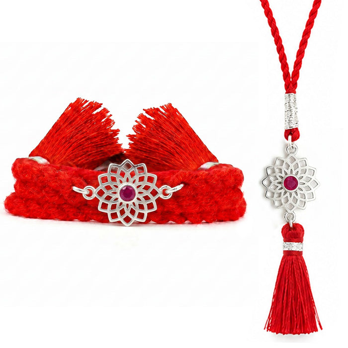 Radiant Lotus Mandala CZ Rhodium Plated Silver Rakhi Combo