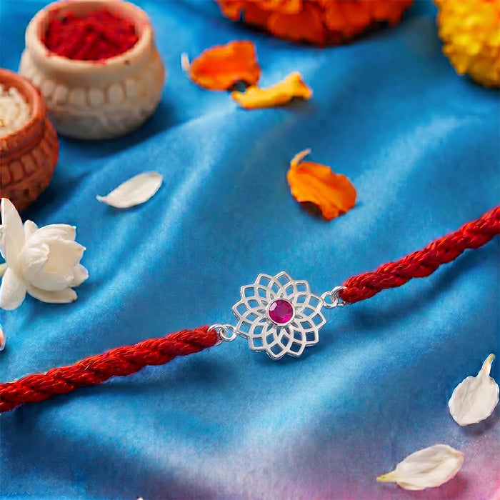 Radiant Lotus Mandala CZ Rhodium Plated Silver Rakhi Combo