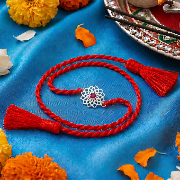 Radiant Lotus Mandala CZ Rhodium Plated Silver Rakhi (Zavya Signature)