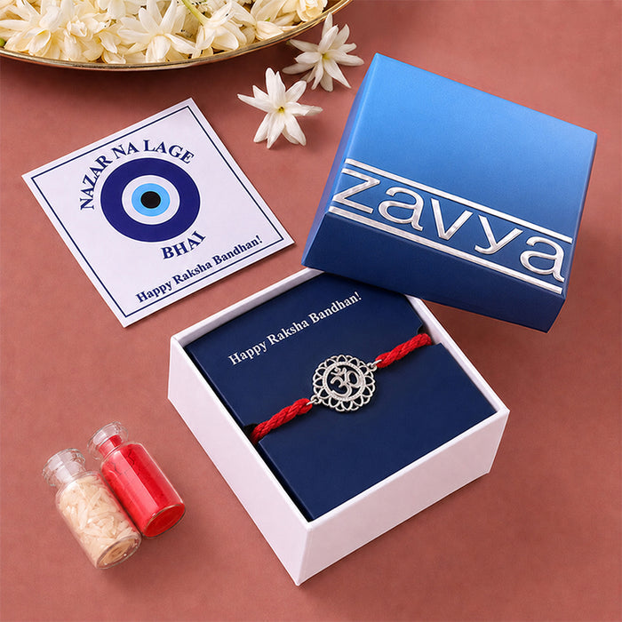 Radiant Om CZ Floral Silver Rakhi (Zavya Signature)