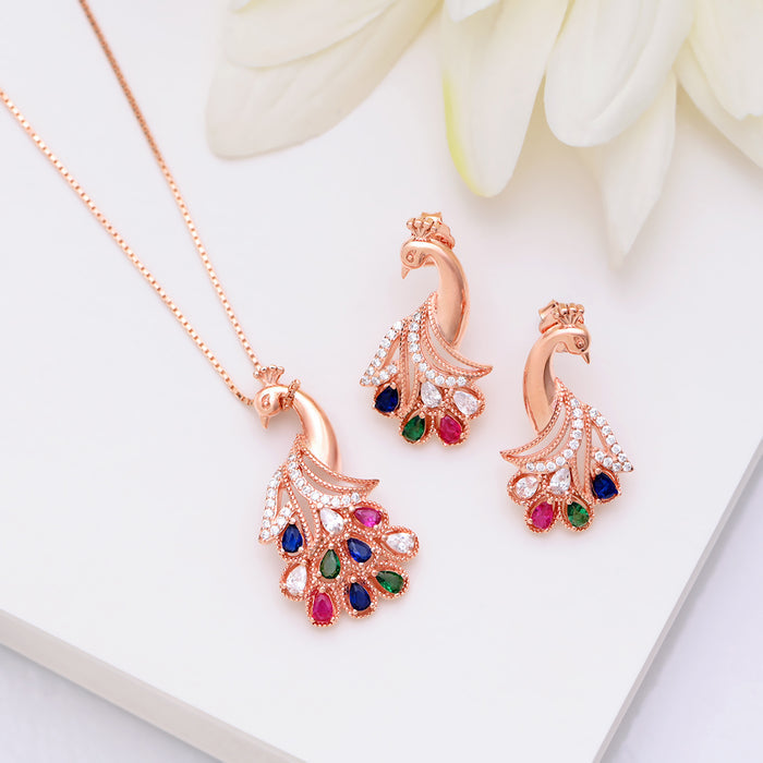 Radiant Peacock Rose Gold Plated 925 Sterling Silver Jewellery Set
