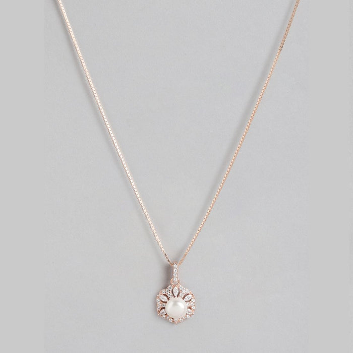 Radiant Pearl Bouquet CZ & Pearl Rose Gold 925 Sterling Silver Pendant with Chain
