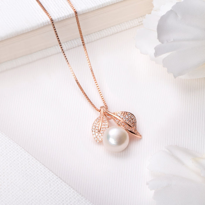 Radiant Pearl Elegance Rose Gold-Plated CZ 925 Sterling Silver Pendant with Chain