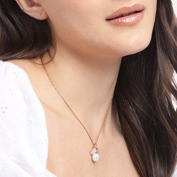 Radiant Pearl Elegance Rose Gold-Plated CZ 925 Sterling Silver Pendant with Chain